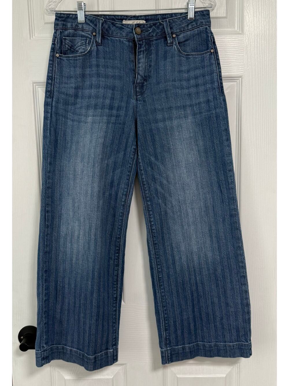 Unpublished Anthropologie Striped Wide Leg Cropped Blue Denim Jeans Size 28